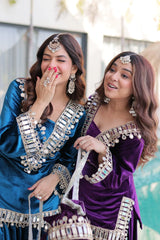 deep purple mirror work zari embroidered velvet suit