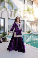 deep purple mirror work zari embroidered velvet suit