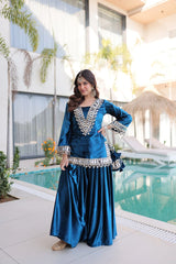 blue mirror work zari embroidered velvet suit