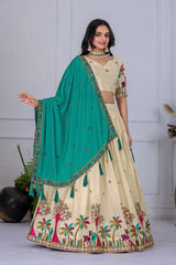 Beige Embroidered With Thread Sequins Work Chinon Silk Lehenga