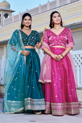 dark pink embroidered with thread sequins work silk