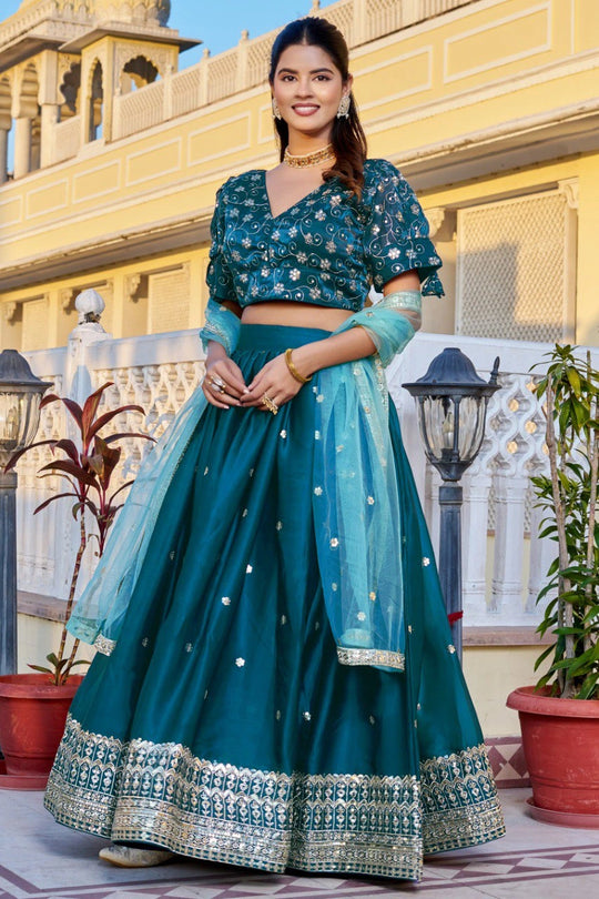 rama blue embroidered with thread sequins work silk