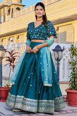 rama blue embroidered with thread sequins work silk