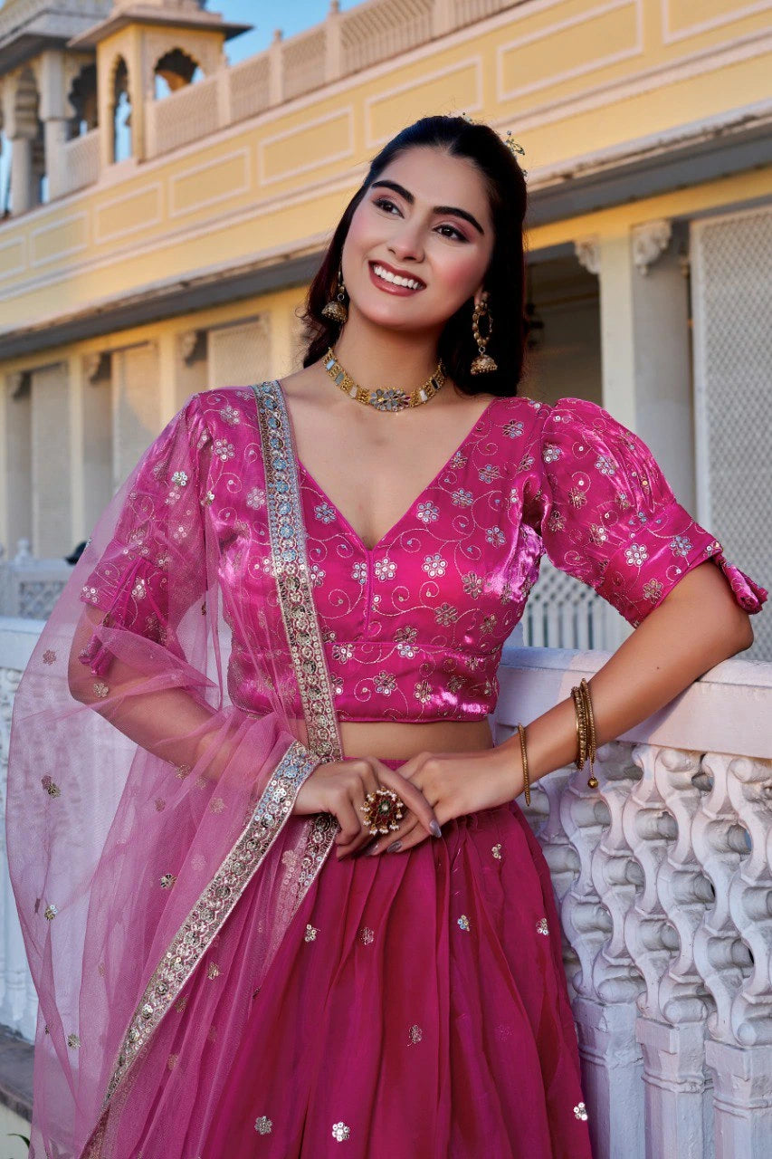 dark pink embroidered with thread sequins work silk