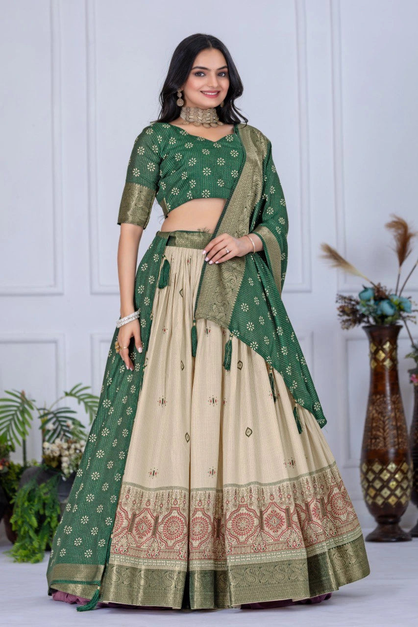 dark green jacquard with zari lining printed lichi lehenga