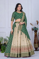 dark green jacquard with zari lining printed lichi lehenga