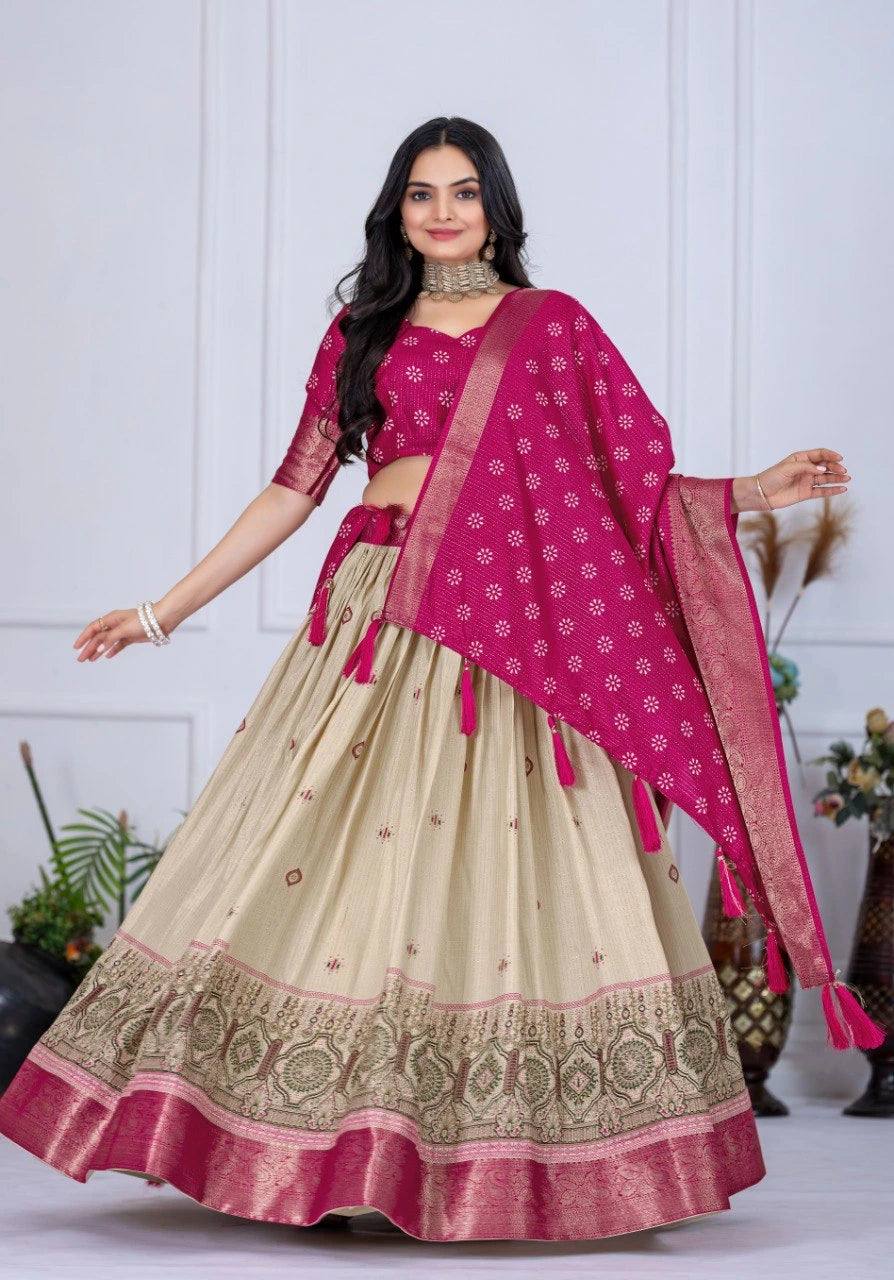 Dark Pink Jacquard With Zari Lining Printed Lichi Lehenga