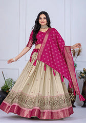 Dark Pink Jacquard With Zari Lining Printed Lichi Lehenga