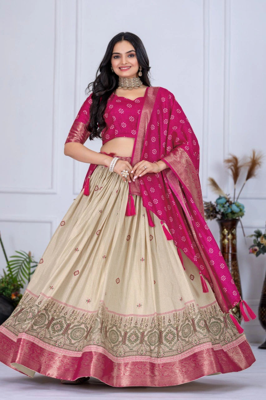 Dark Pink Jacquard With Zari Lining Printed Lichi Lehenga