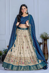 Blue Jacquard With Zari Lining Printed Heavy Lichi Lehenga
