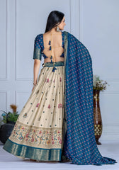blue jacquard with zari lining printed heavy lichi lehenga
