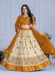 mustard yellow jacquard with zari lining printed heavy lichi lehenga