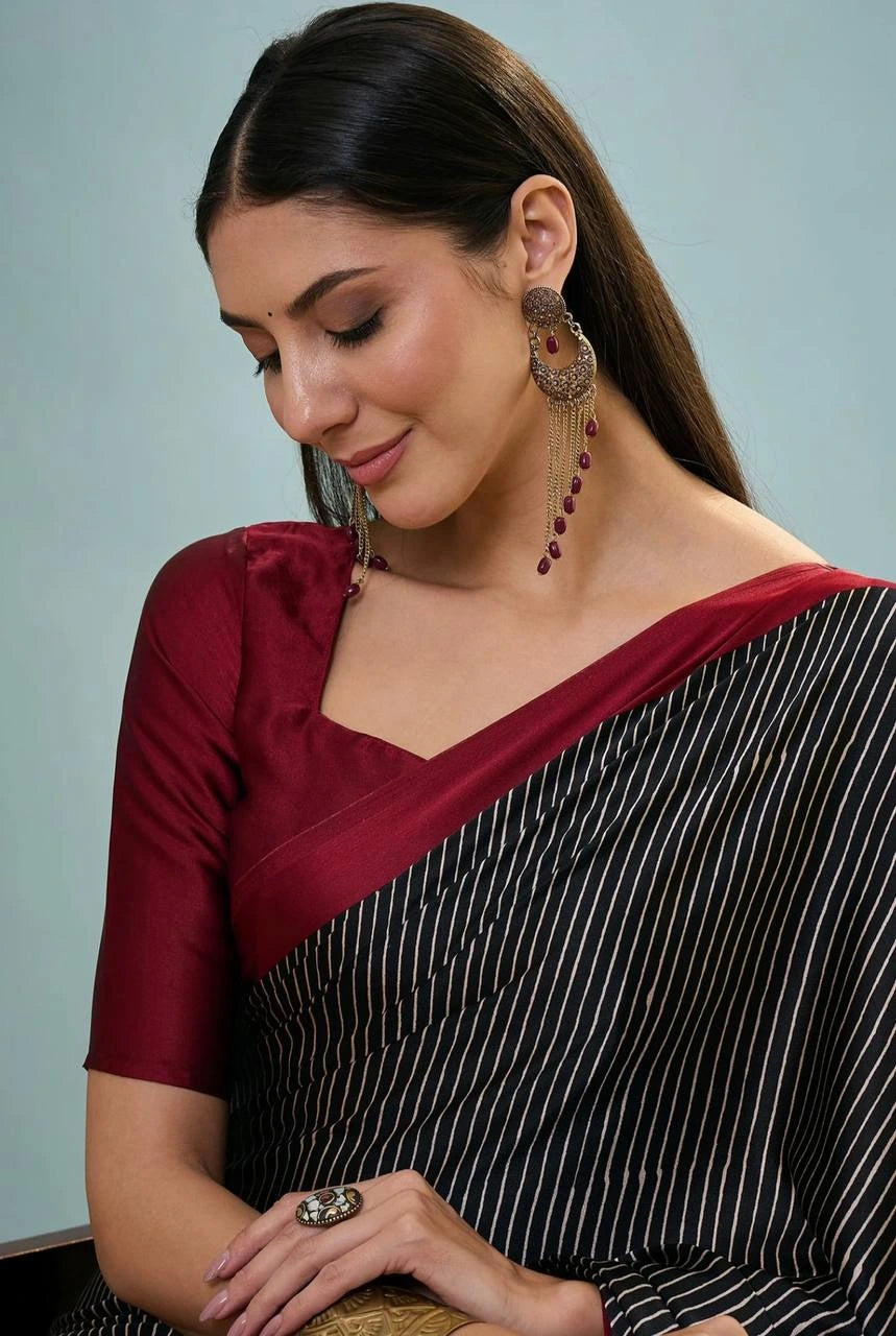 black digital printed silk saree