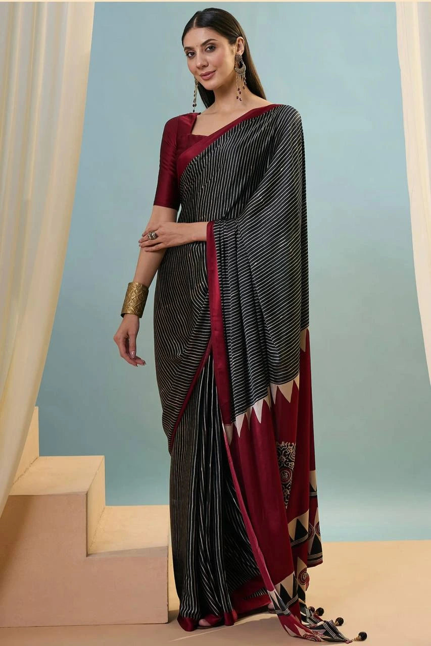 black digital printed silk saree