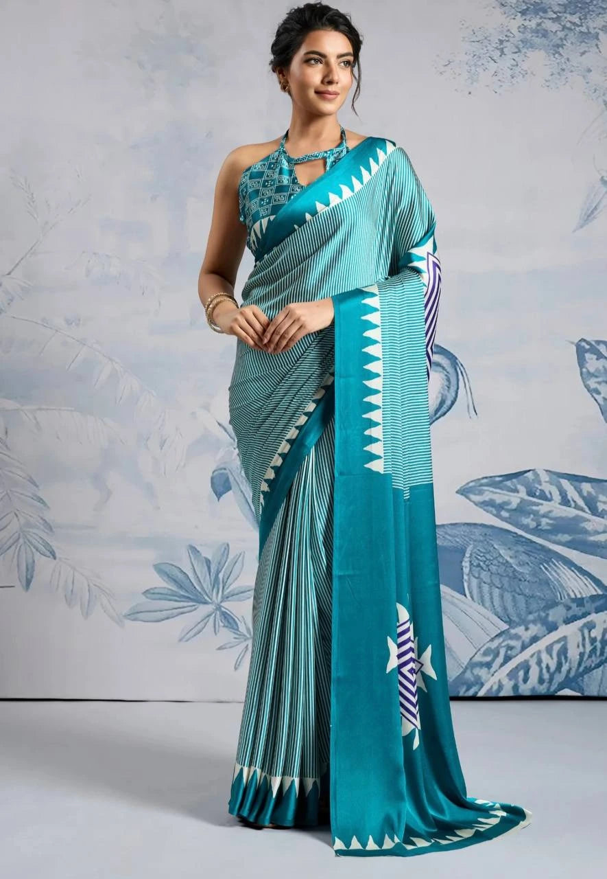 sky blue temple print silk saree
