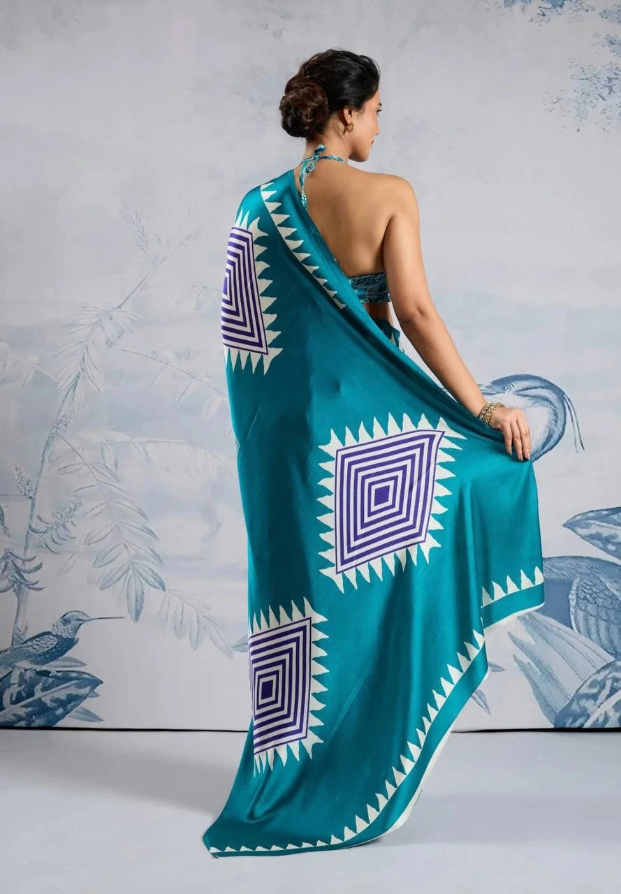 sky blue temple print silk saree