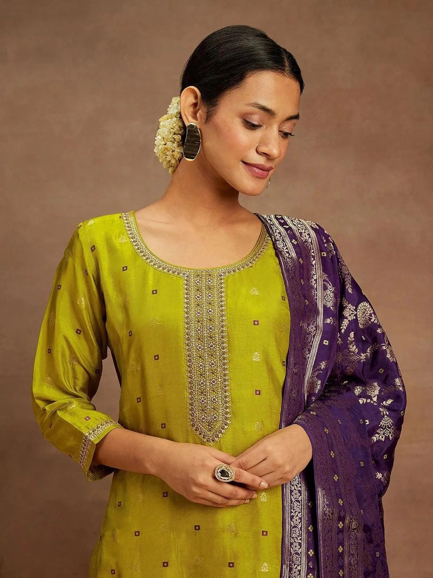 Woman wearing a green embroidered top and purple dupatta against a brown background