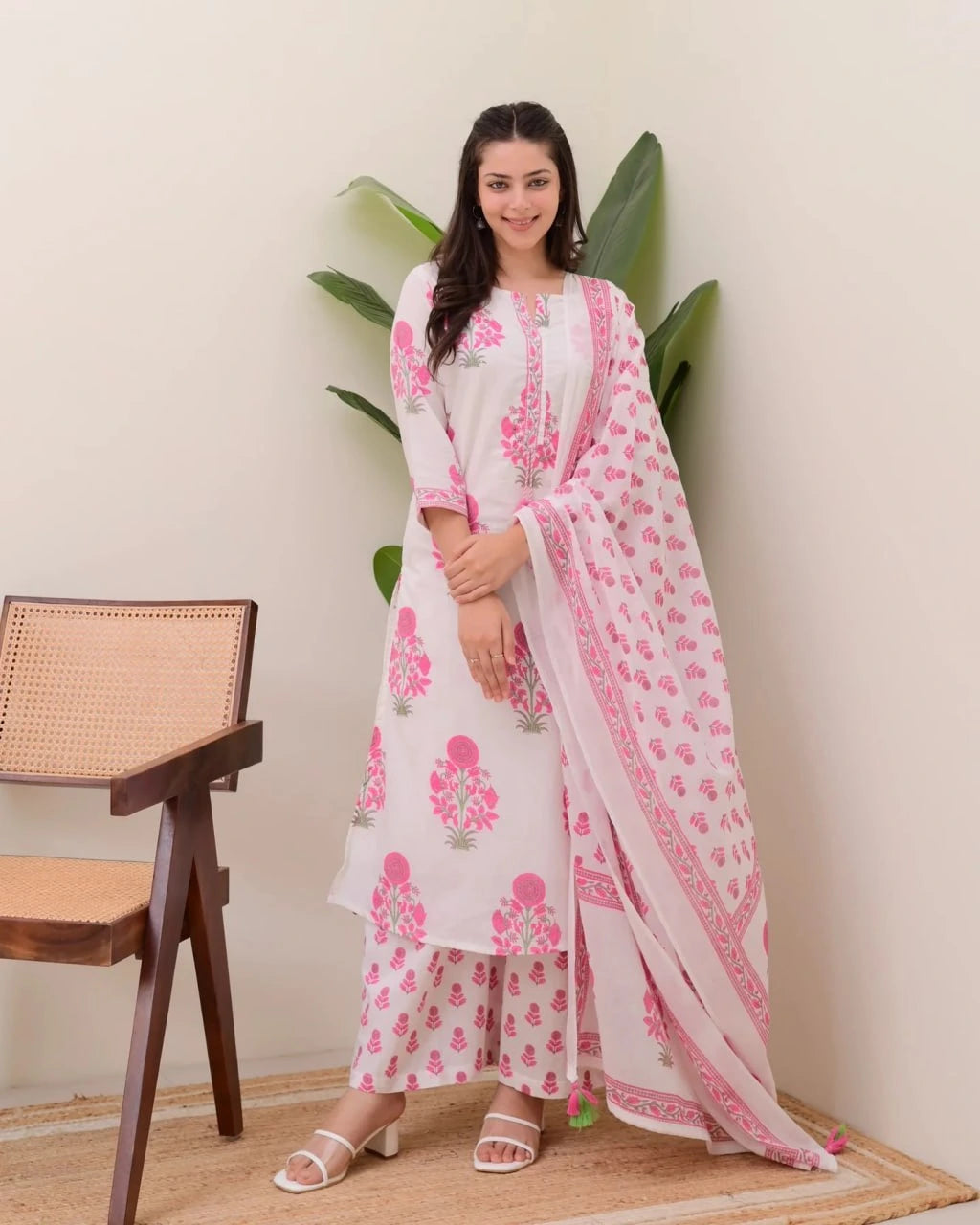 Woman wearing a white and pink floral outfit with a chair and plant in the background