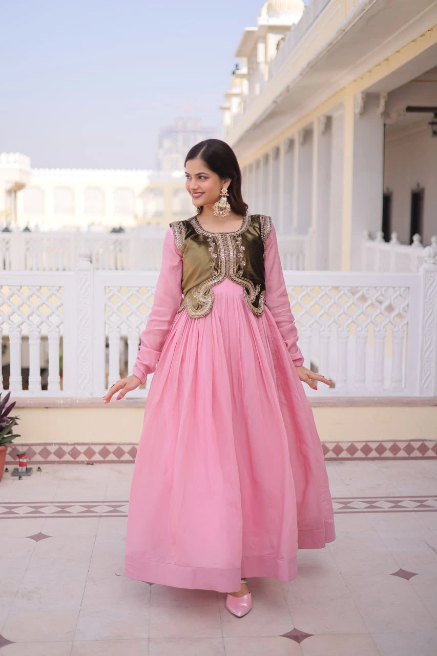 Pink Sequins Embroidered Mal Chanderi Gown Set