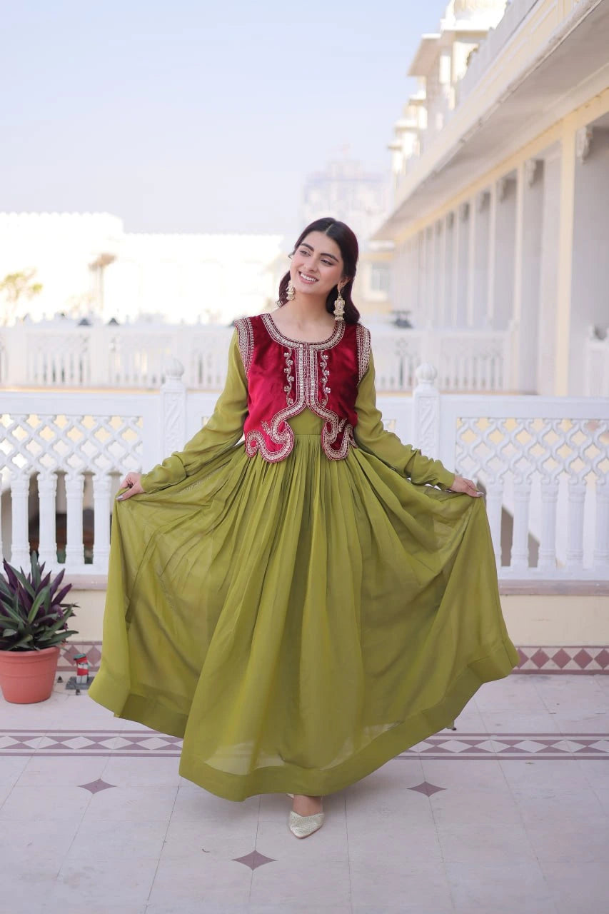 Woman in a green and red traditional outfit standing in a decorative outdoor setting.