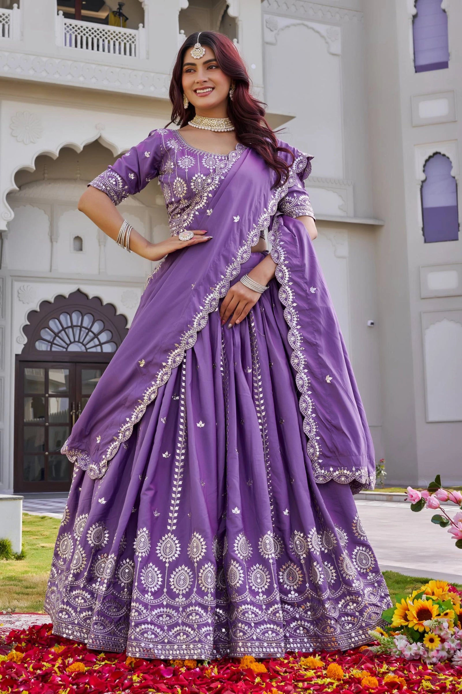 purple heavy sequins embroidered crepe silk lehenga