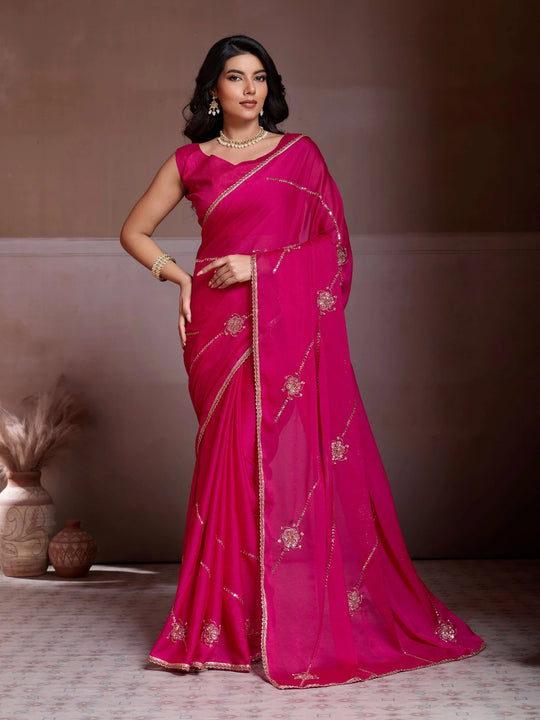 Dark Pink Embroidered Crush Silk Saree