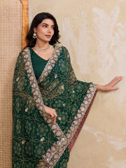 Dark Green Georgette Bandhej Print Saree