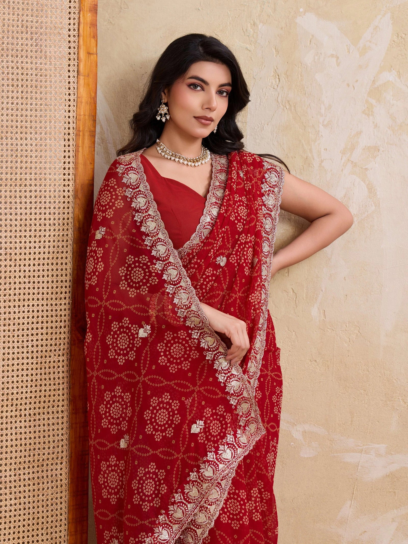 red georgette bandhej print saree