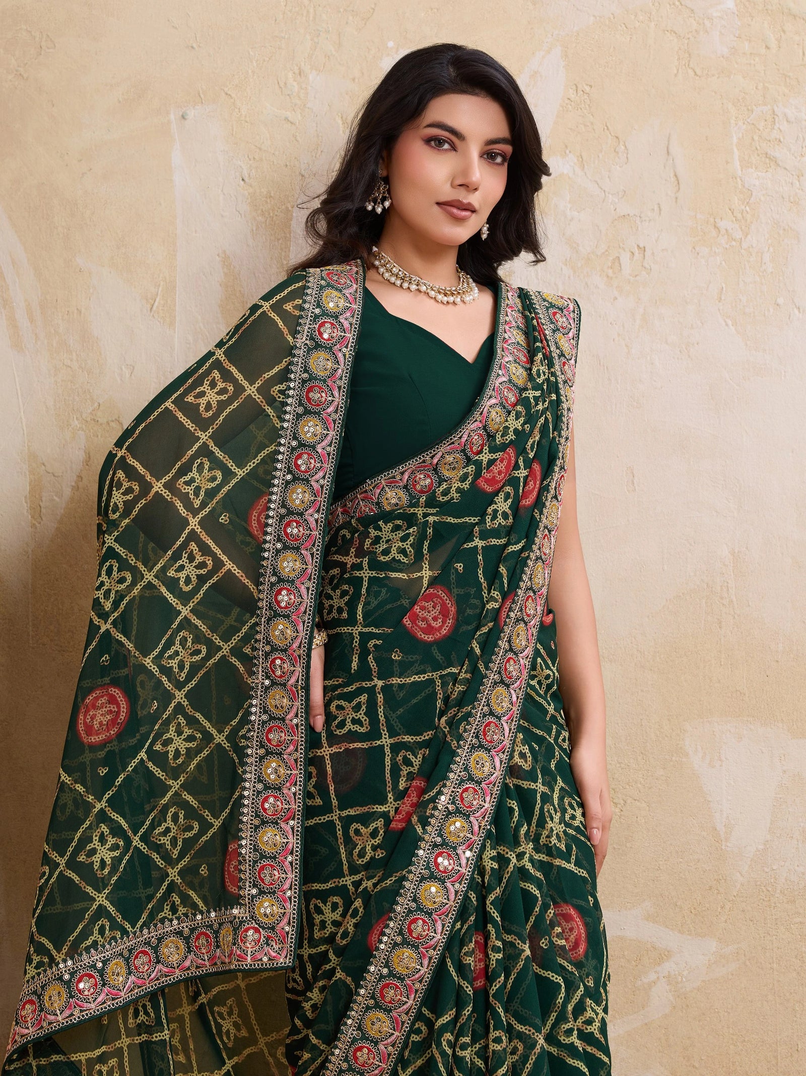 dark green bandhej printed georgette saree
