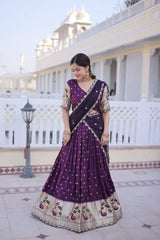 dark purple pink lace work dola silk lehenga