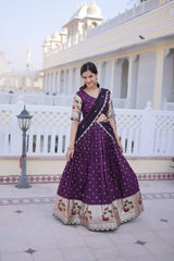 Dark Purple Pink Lace Work Dola Silk Lehenga