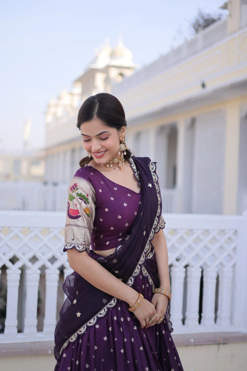 Dark Purple Pink Lace Work Dola Silk Lehenga