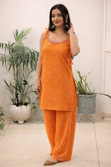 orange mirror thread work kurti