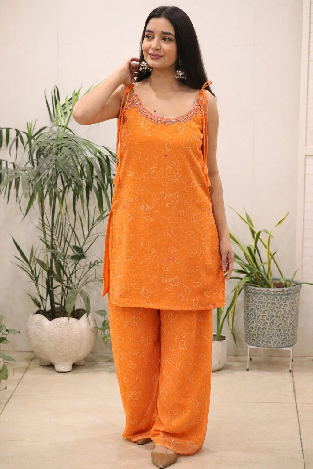 Orange Mirror Thread Work Kurti