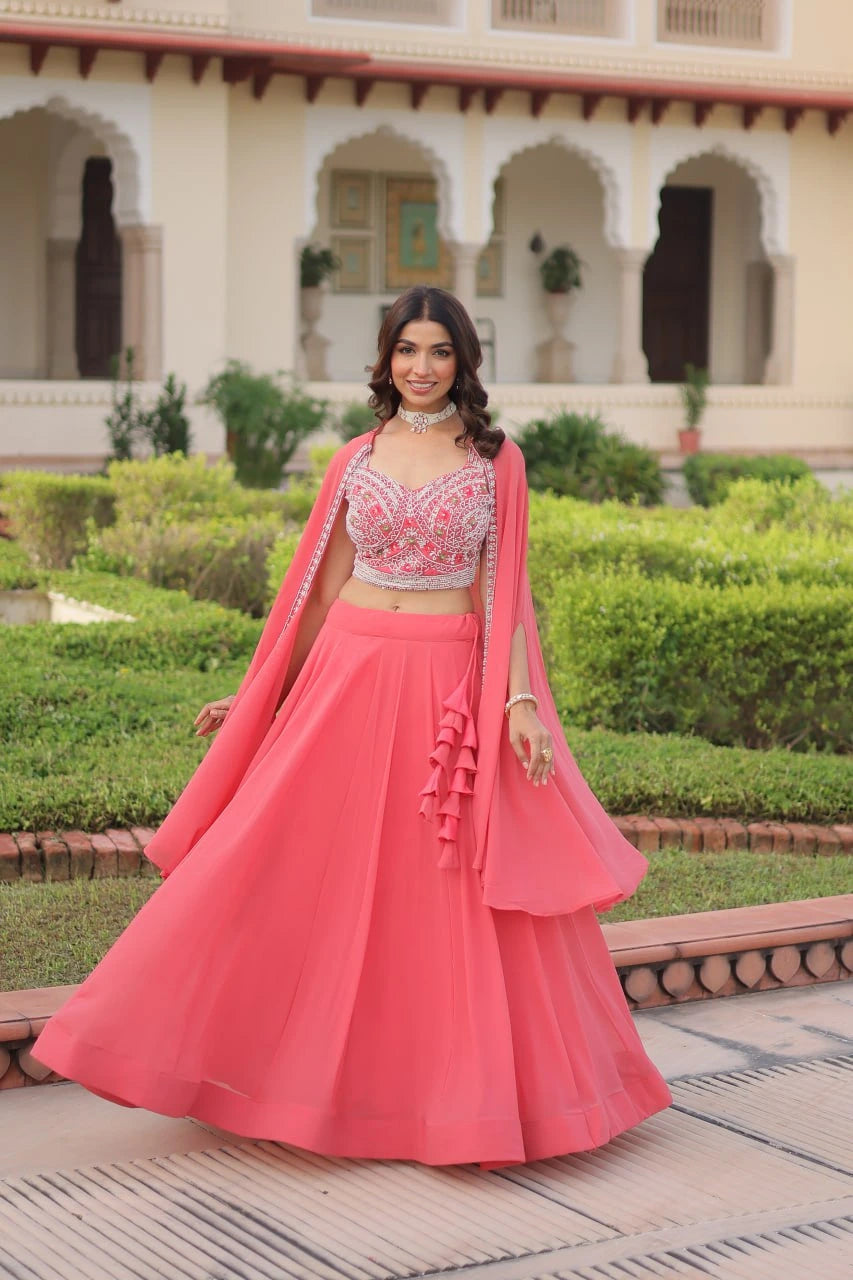 pink embroidered faux georgette lehenga