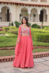 Pink Embroidered Faux Georgette Lehenga