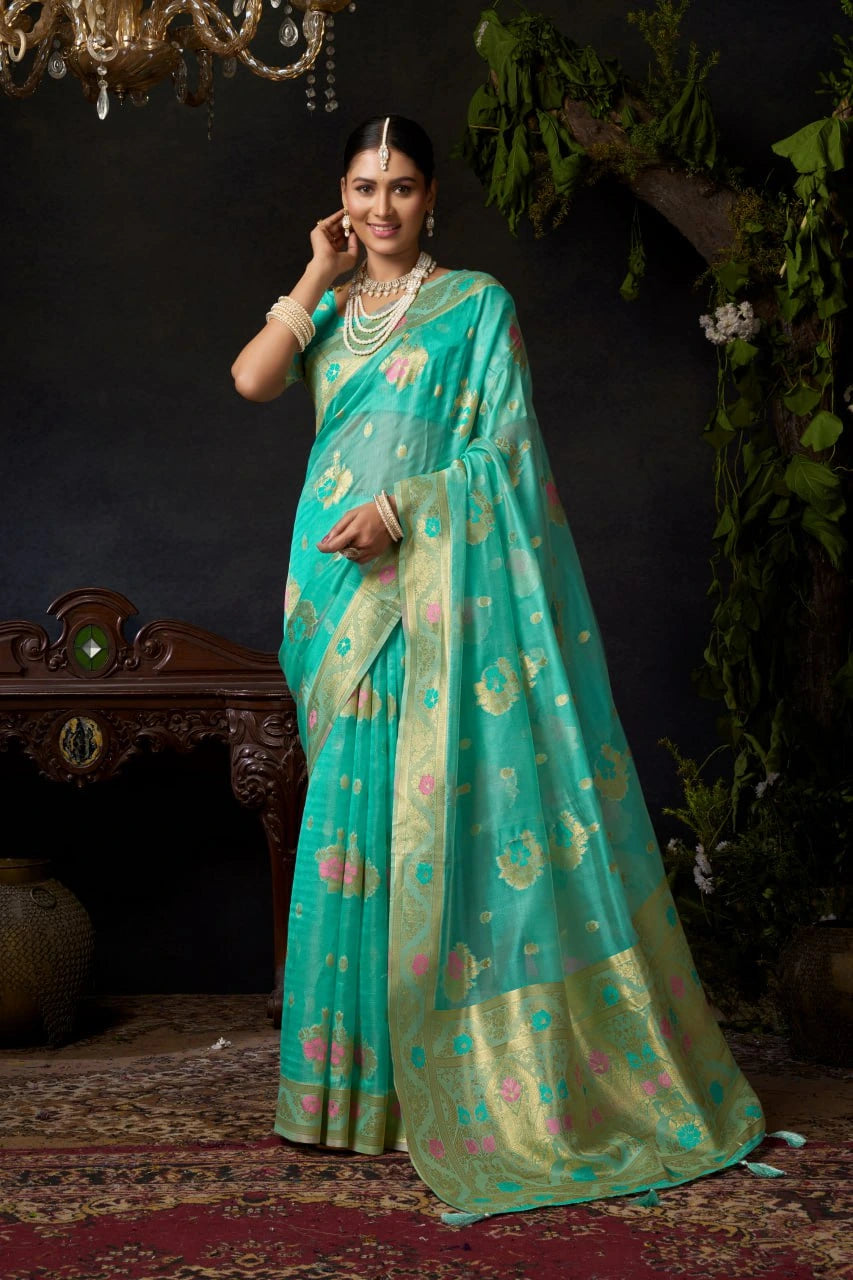 Light Teal Organza Khadi Saree