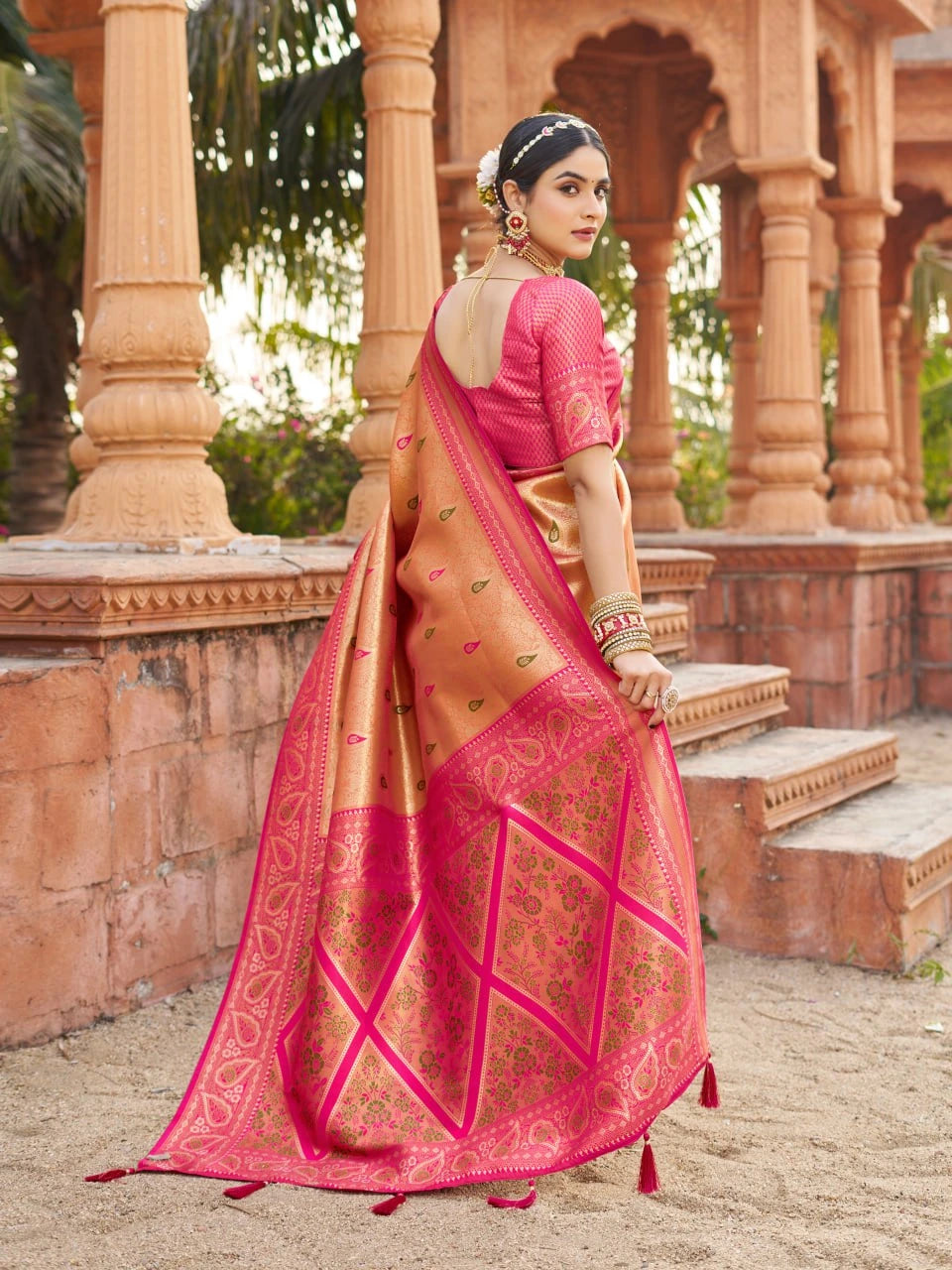 dark pink soft banarasi silk saree