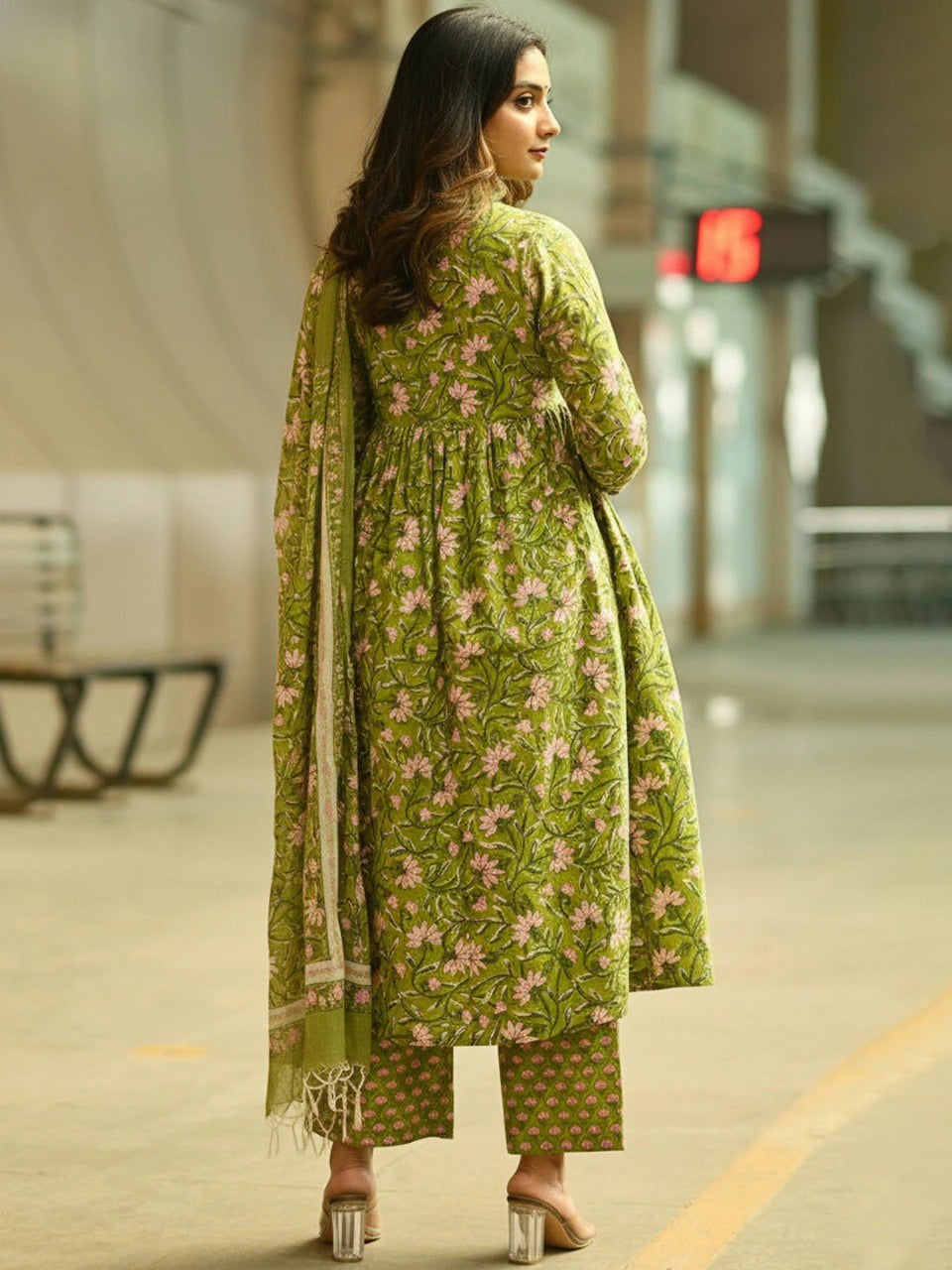 Pista Green Printed Rayon Gown