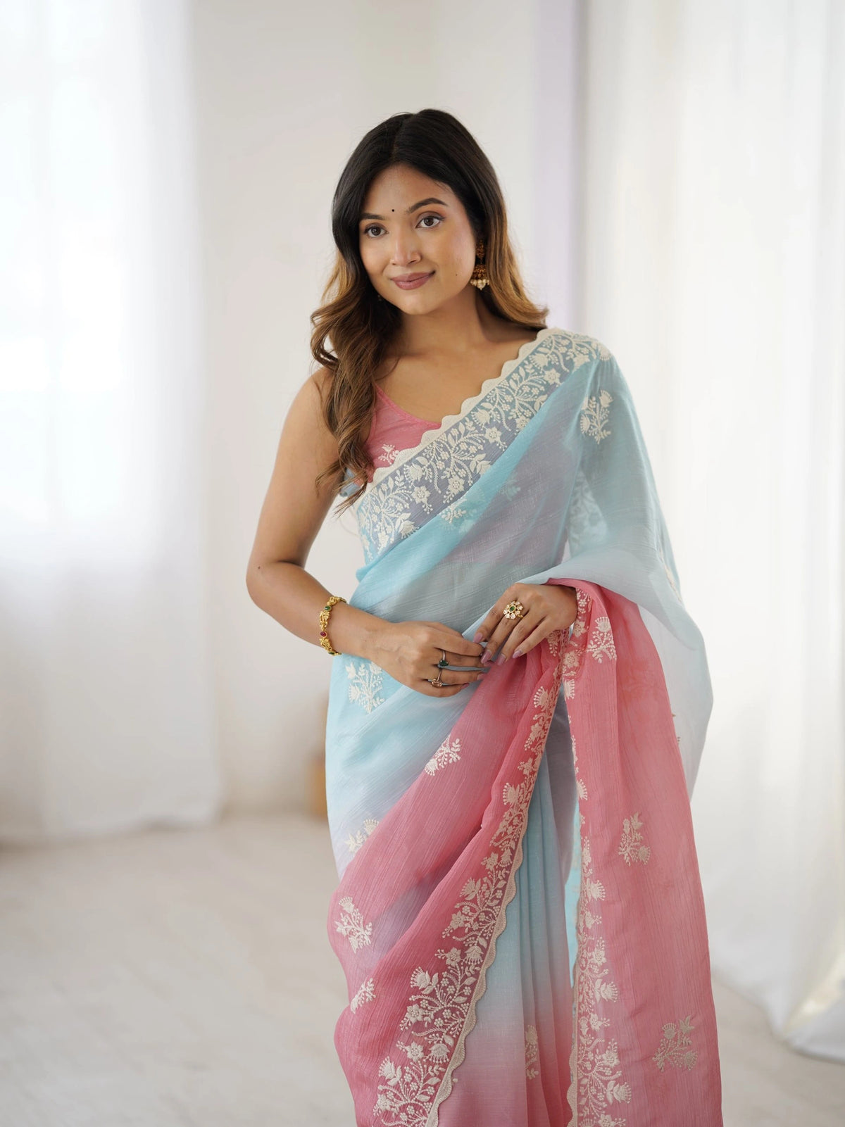 Sky Blue Pink Thread Embroidered Cotton Saree