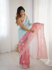 Sky Blue Pink Thread Embroidered Cotton Saree