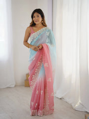 Sky Blue Pink Thread Embroidered Cotton Saree