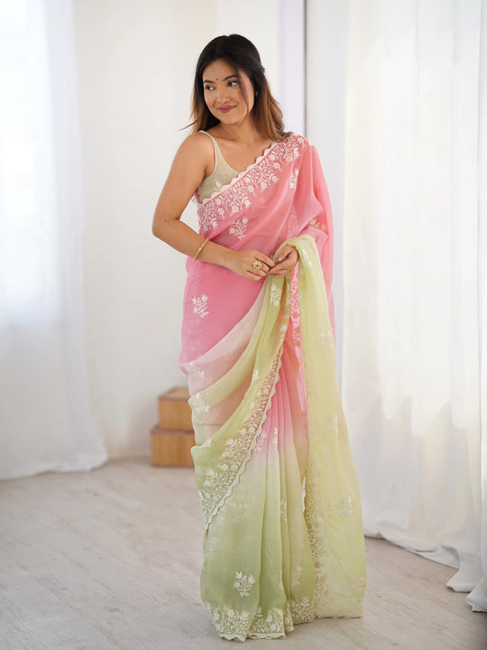 embroidered chiffon scalloped saree in a pink and light green
