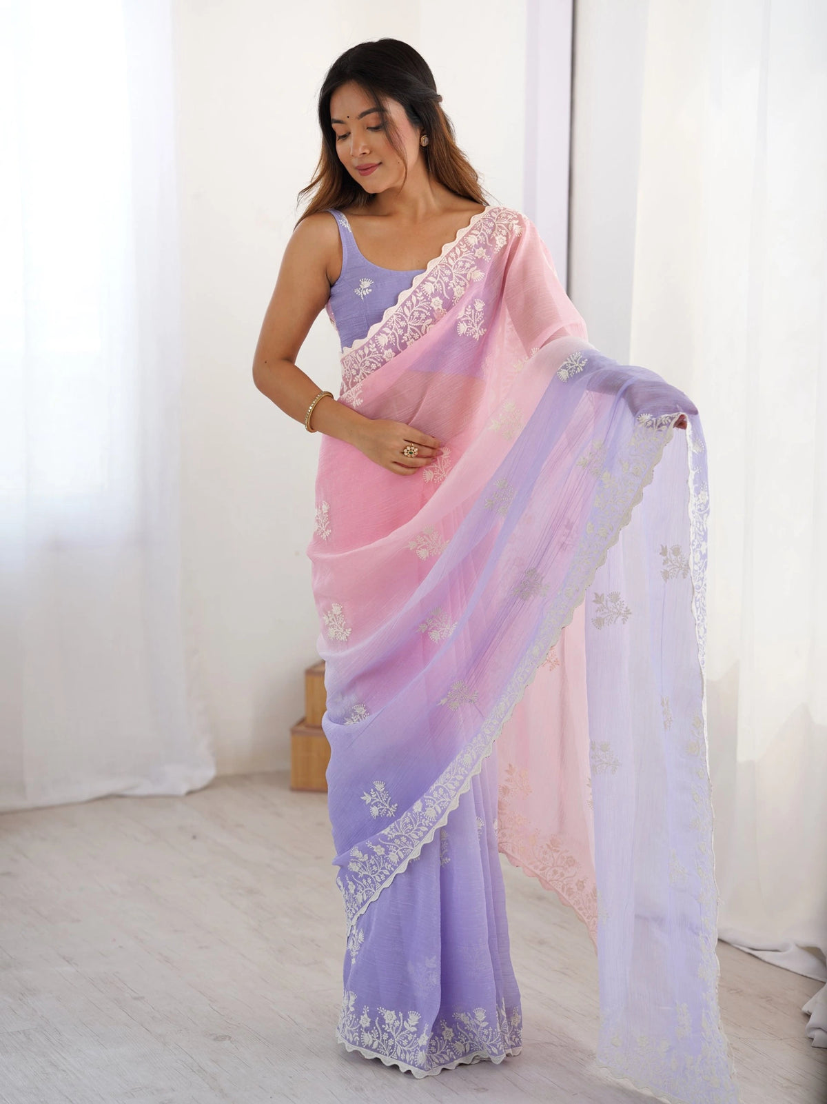 Pink Lavender Thread Embroidered Cotton Saree