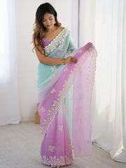 Sky Blue Lavender Thread Embroidered Cotton Saree