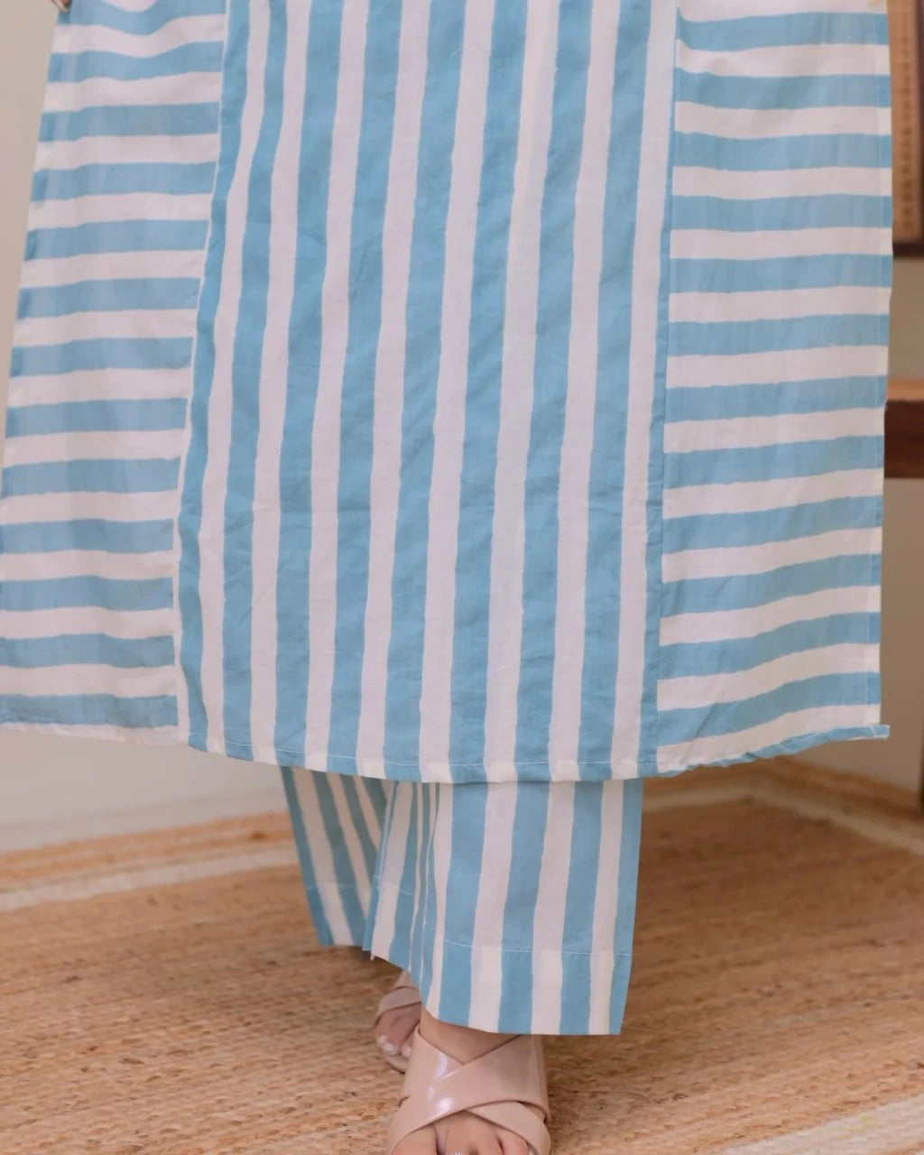 blue and white striped kurta plazo co-ord set