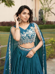 Dark Turquoise Beads Work Fendy Lehenga