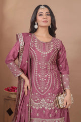 mauve-colored Pakistani crepe palazzo suit