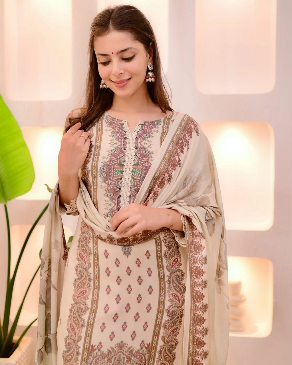 Woman wearing a traditional outfit with intricate patterns in a softly lit room.