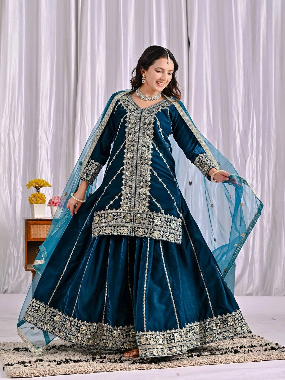 teal velvet embroidered sharara suit set